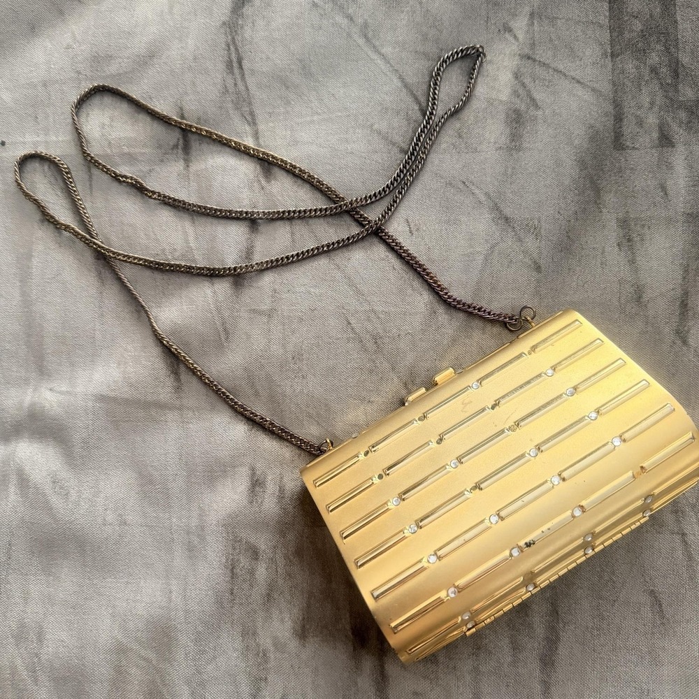VTG Y2K La Regale Clutch Bag Purse Gold Metal Rhinestone Stripe Chain Evening